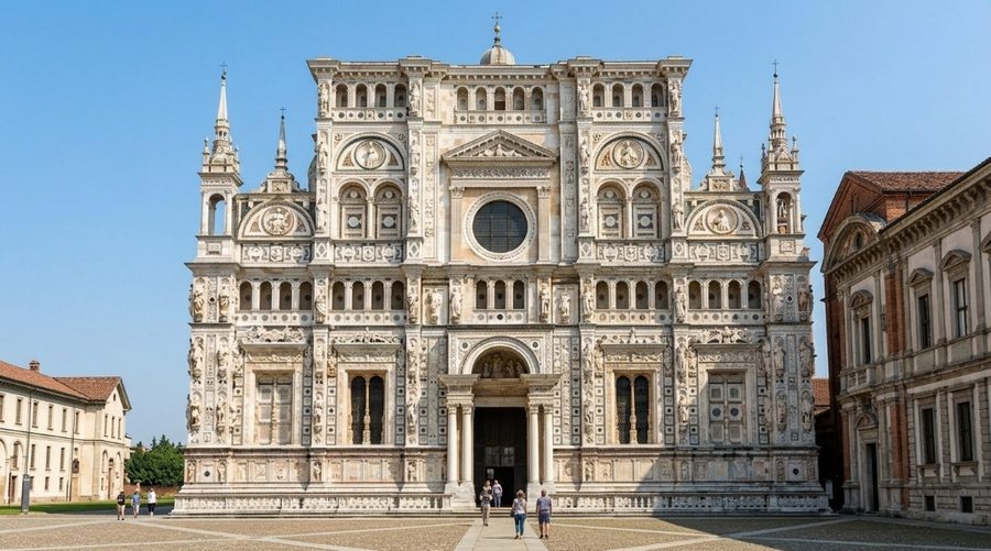La maestosa facciata rinascimentale della Certosa di Pavia