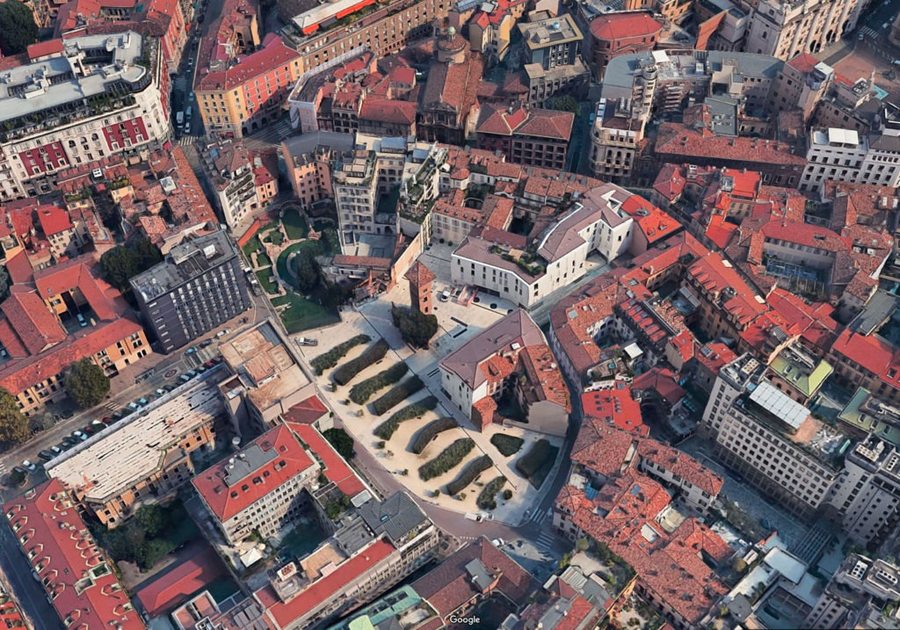 Panoramica aerea di San Maurizio al Monastero Maggiore e scavi di Via Brisa